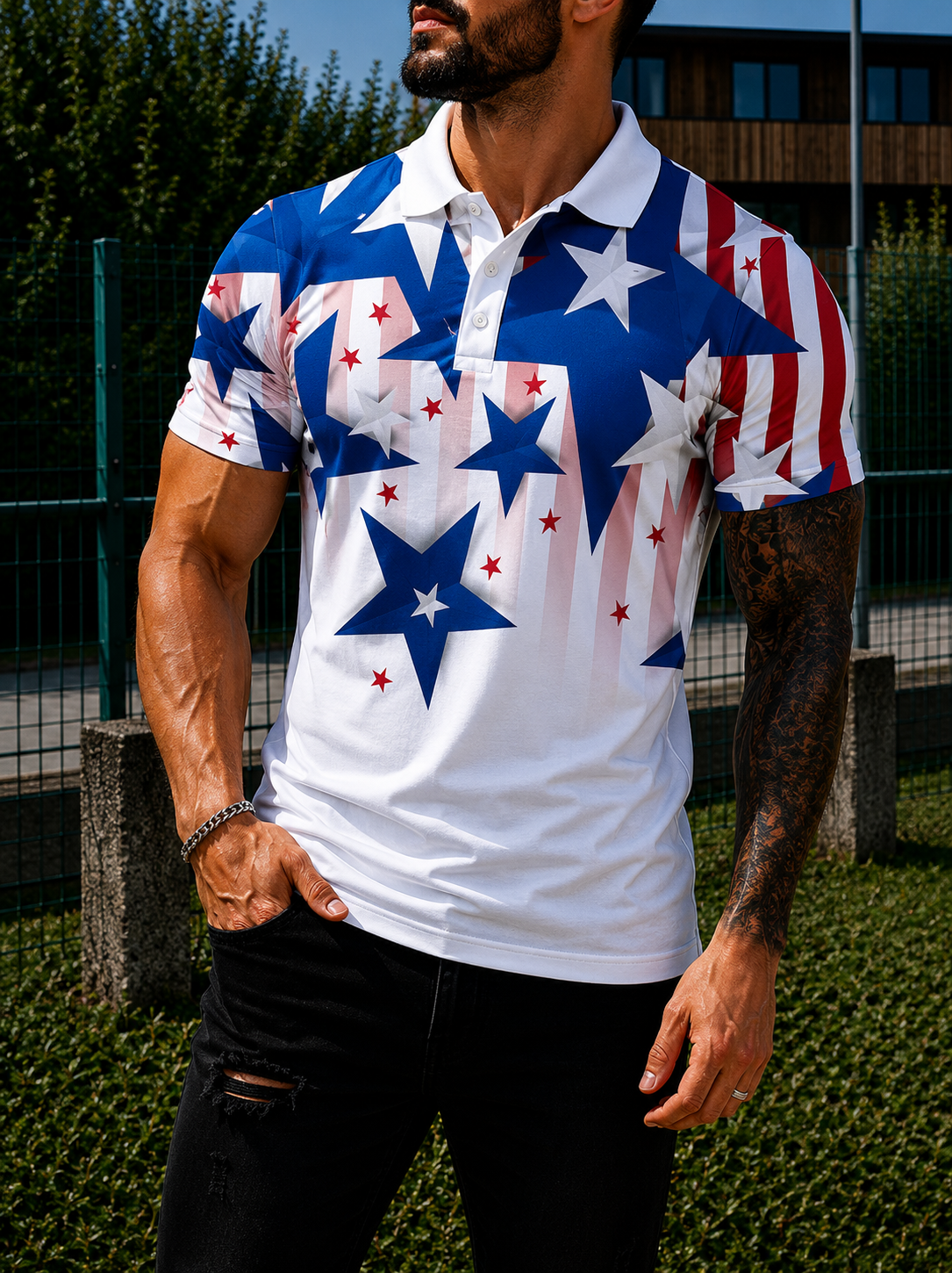 ADRIANO | Men's muscle fit polo shirt USA flag 3D print World Cup football fan