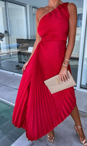 Chic Women's Maxi Dress | One-Shoulder Pleated Design for Formal Events 0
