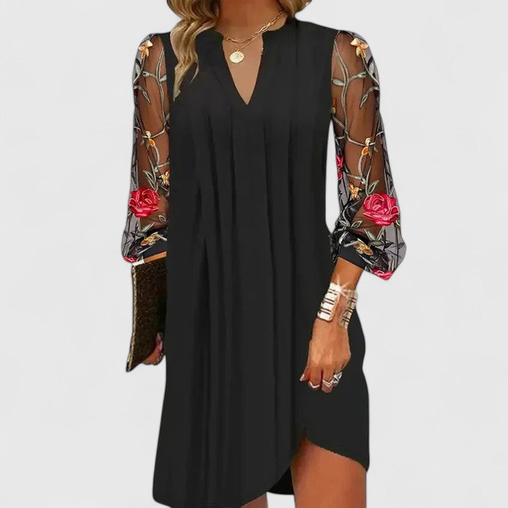 Daring Women's Mini Dress | Elegant V-Neck, Sheer Sleeves 0