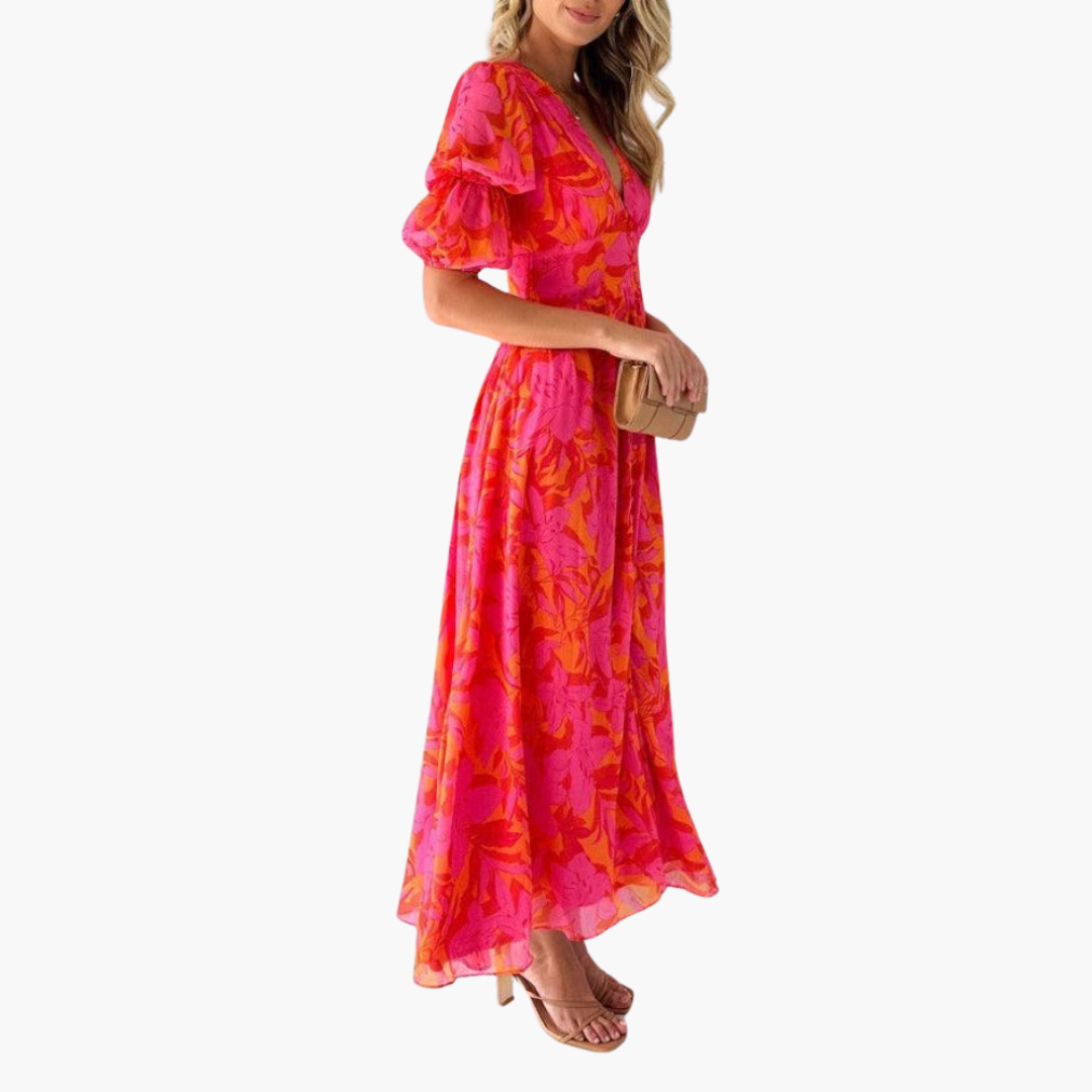 Elara Women's Maxi Dress | V-Neck with Puff Sleeves, Elegant Summer Style 1
