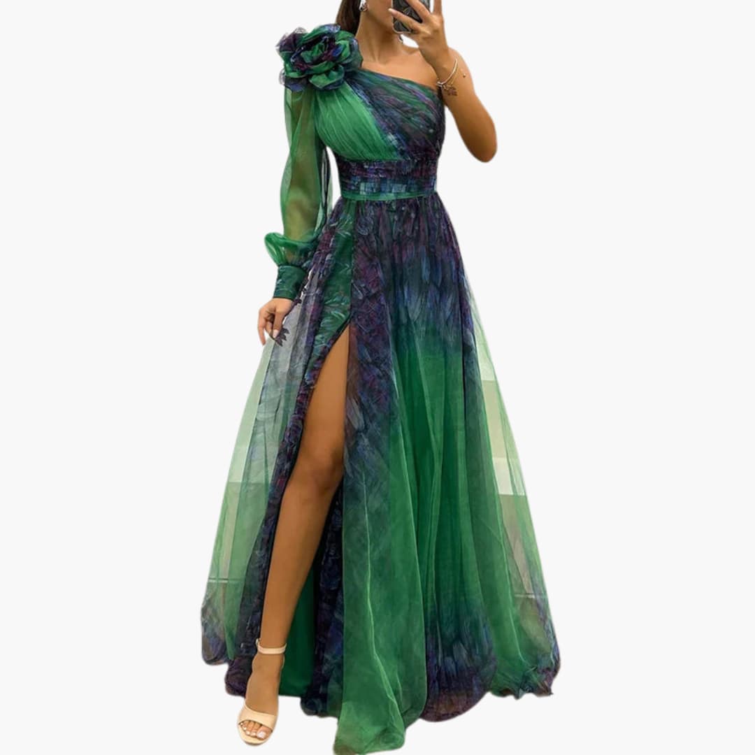 Elegant Women's Maxi Dress | One-Shoulder Mesh Print 0