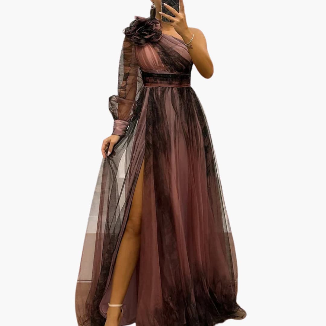 Elegant Women's Maxi Dress | One-Shoulder Mesh Print 2