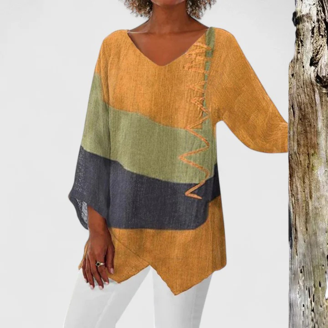 Elysia Women's Tunic Tops | Artistic V-Neck, Soft Fabric, Asymmetrical Hem 1
