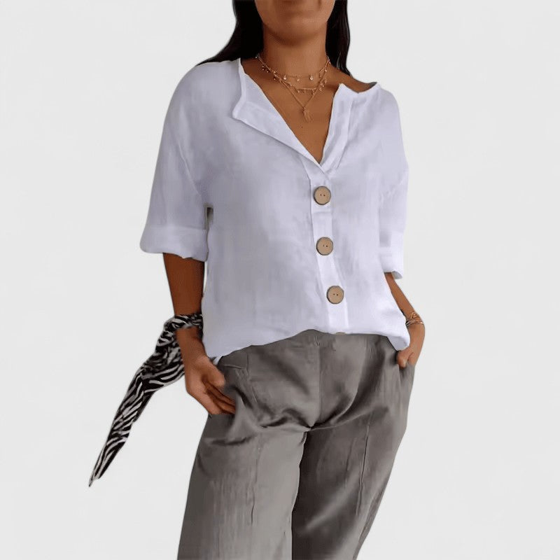 Katherine Women's Blouse | Cotton-Linen Blend, Elegant V-Neck Summer Top 4