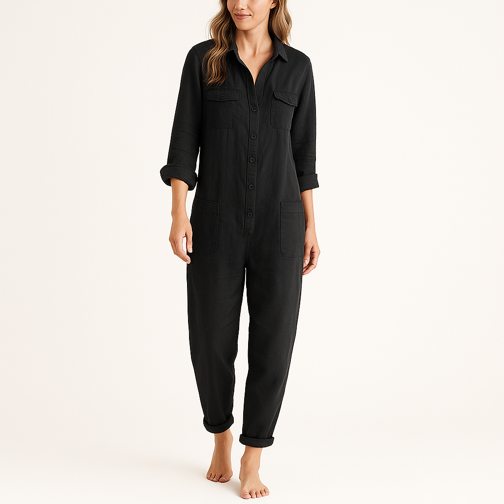 Women's Long Sleeve Utility Jumpsuit – Button Front, Straight Leg