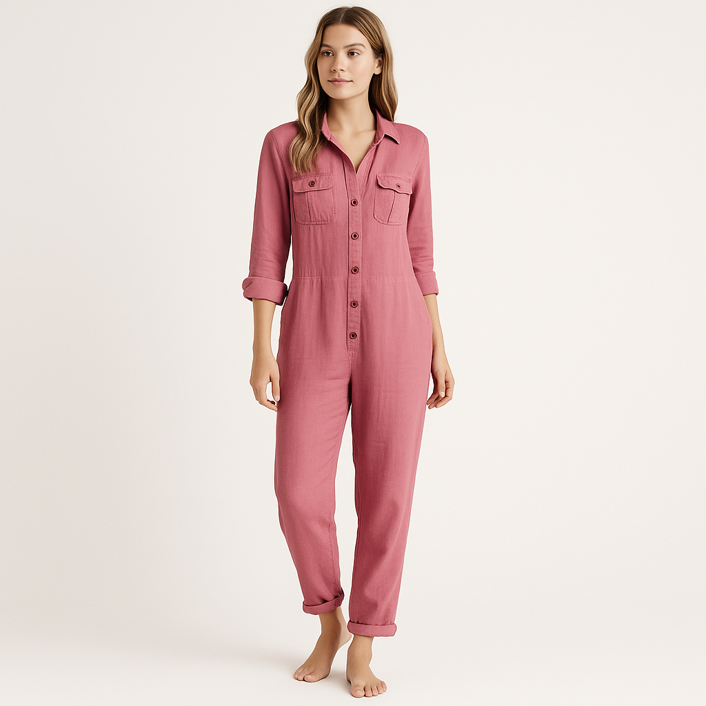 Women's Long Sleeve Utility Jumpsuit – Button Front, Straight Leg